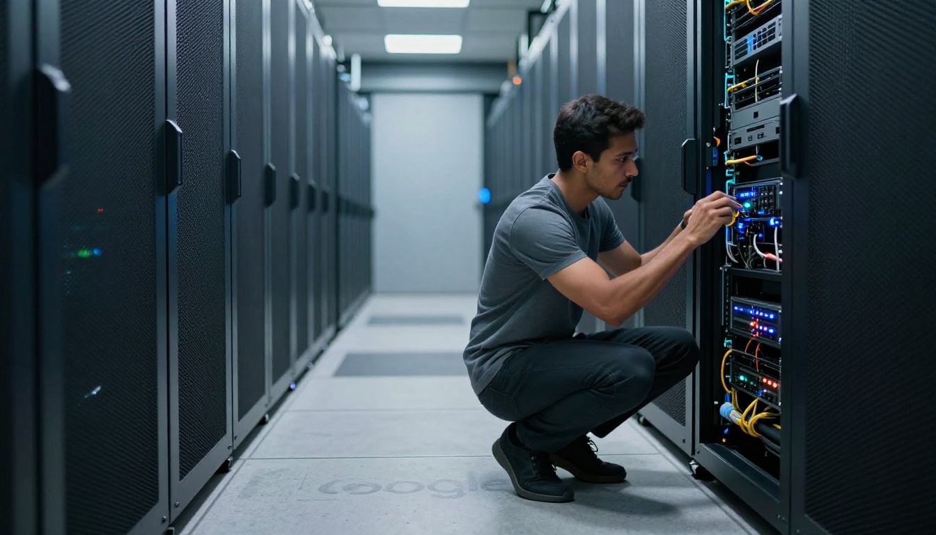 AI infrastructure in a Google server room with an engineer reviewing systems AI infrastructure in a Google server room with an engineer reviewing systems