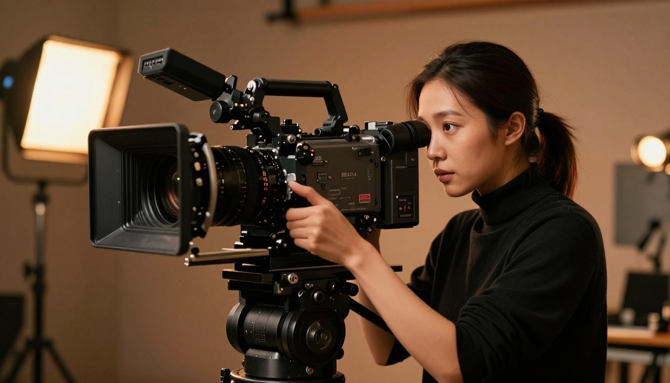 A professional cinema camera operator on a dolly track in a film studio A professional cinema camera operator on a dolly track in a film studio