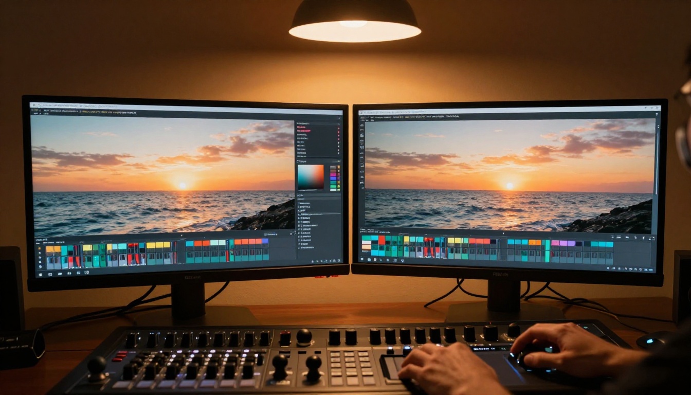 A professional color grading suite comparing two video outputs side by side on dual monitors A professional color grading suite comparing two video outputs side by side on dual monitors