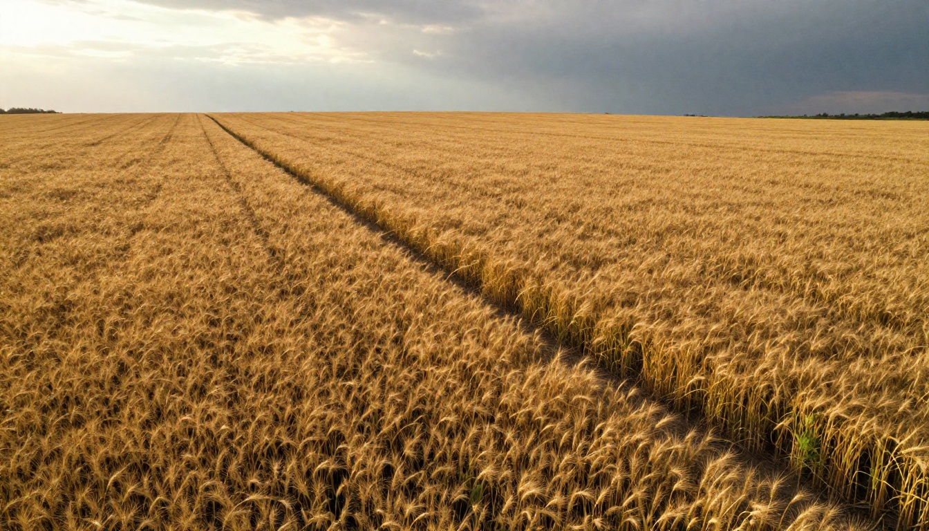 Aerial drone photograph of a vast golden wheat field at sunset with volumetric light rays breaking through clouds Aerial drone photograph of a vast golden wheat field at sunset with volumetric light rays breaking through clouds