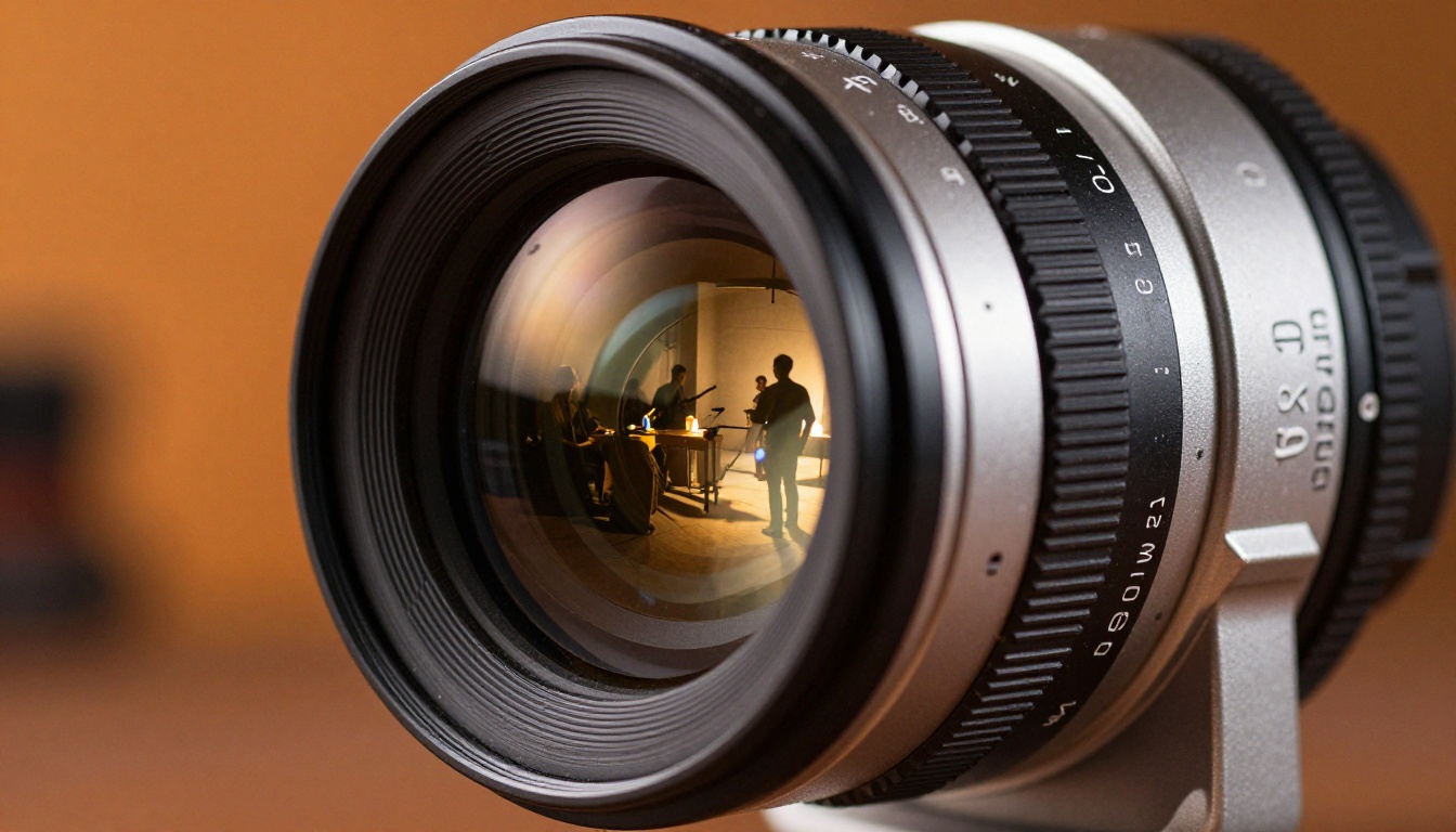 Macro close-up of a cinema lens front element with a film set reflected in the optical glass Macro close-up of a cinema lens front element with a film set reflected in the optical glass