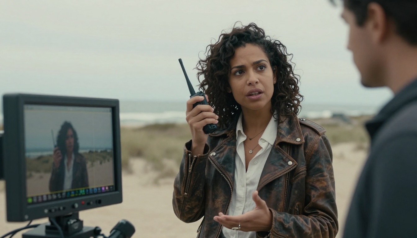 A female film director on a coastal set reviewing live video feed on a production monitor