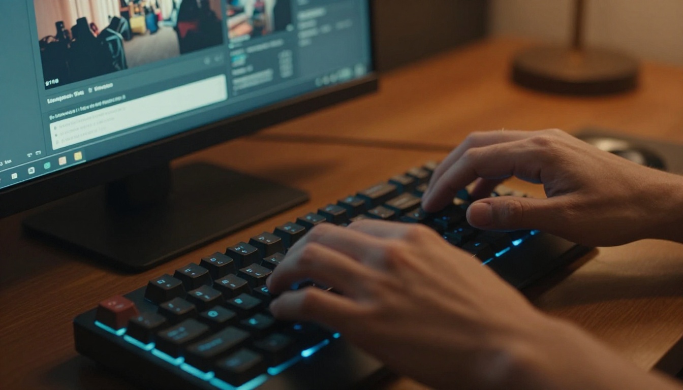 Hands typing on a backlit mechanical keyboard with a text-to-video AI interface visible on the screen above