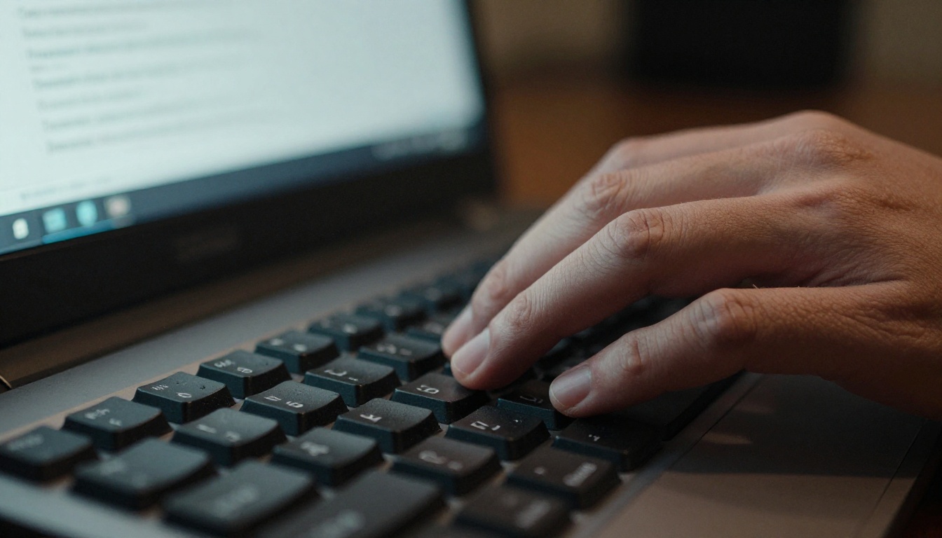 Person typing text prompt on keyboard for AI video generation Person typing text prompt on keyboard for AI video generation