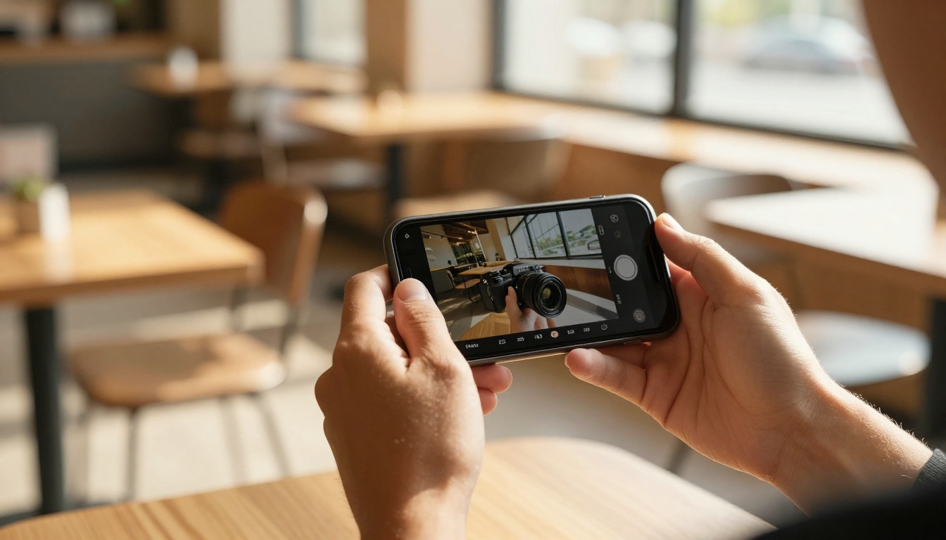 Person holding a smartphone horizontally in a cafe, watching a video with timeline scrubber visible
