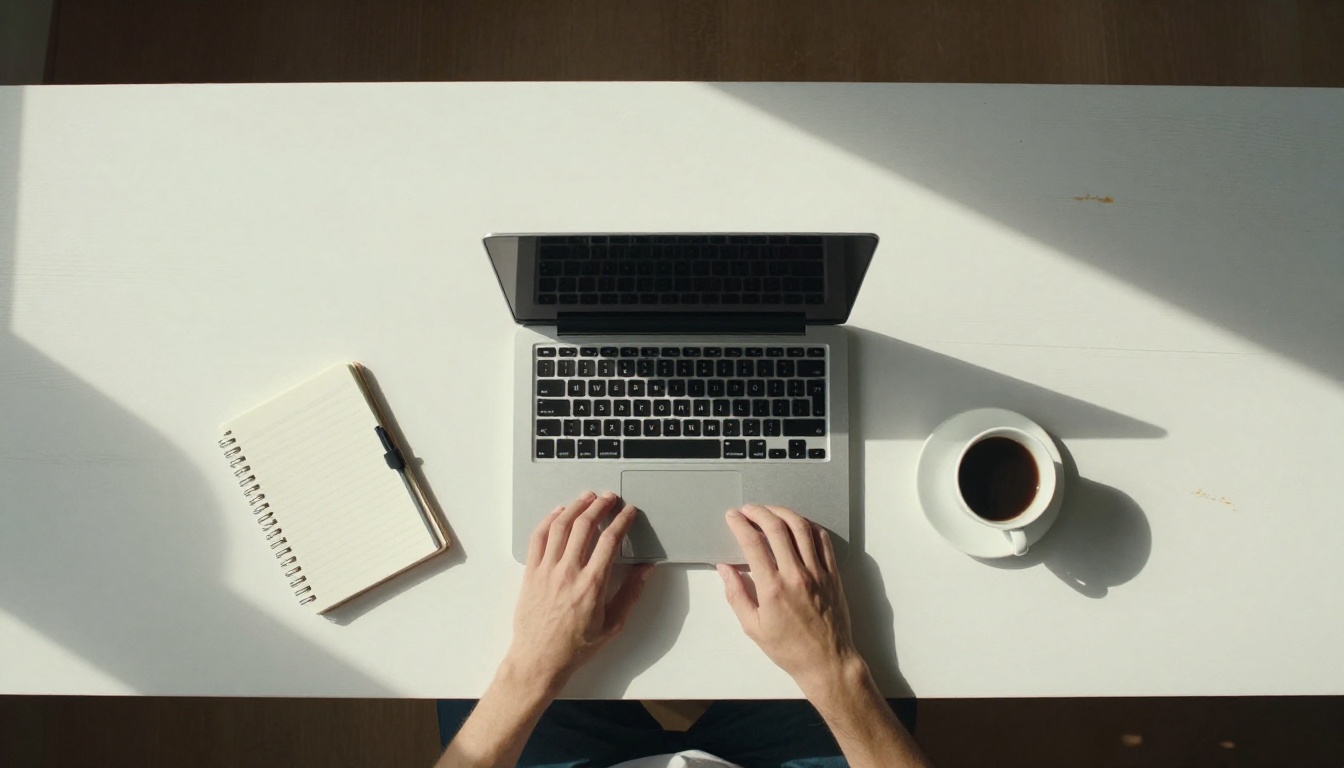 Aerial overhead view of a person working at a clean desk with laptop and coffee Aerial overhead view of a person working at a clean desk with laptop and coffee