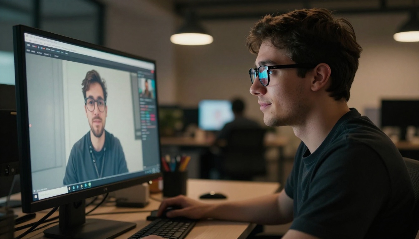 Man with glasses watching a video on a desktop monitor in a dimly lit co-working space Man with glasses watching a video on a desktop monitor in a dimly lit co-working space