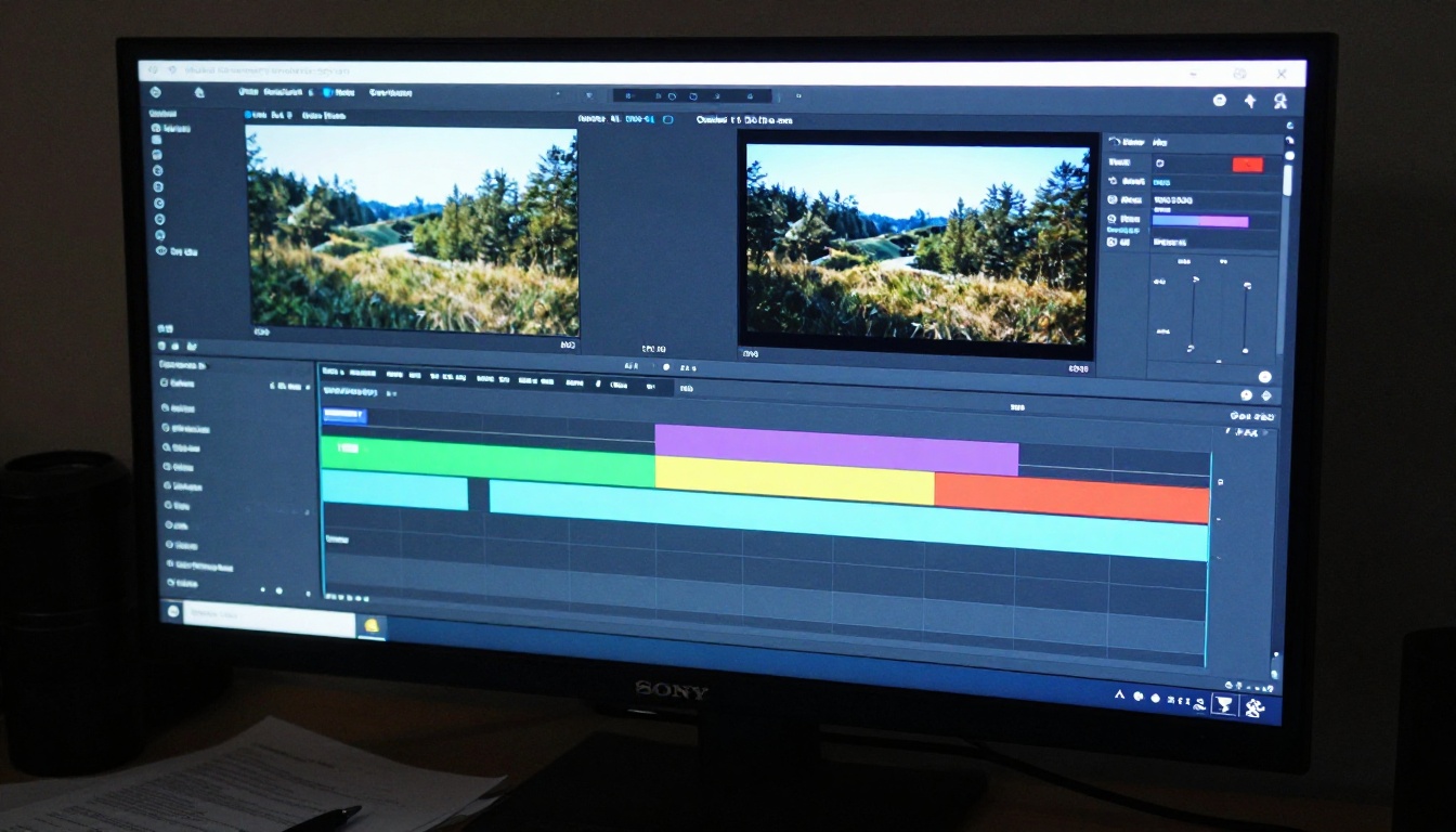 Close-up of a large widescreen monitor showing a video timeline editor with colorful segments Close-up of a large widescreen monitor showing a video timeline editor with colorful segments