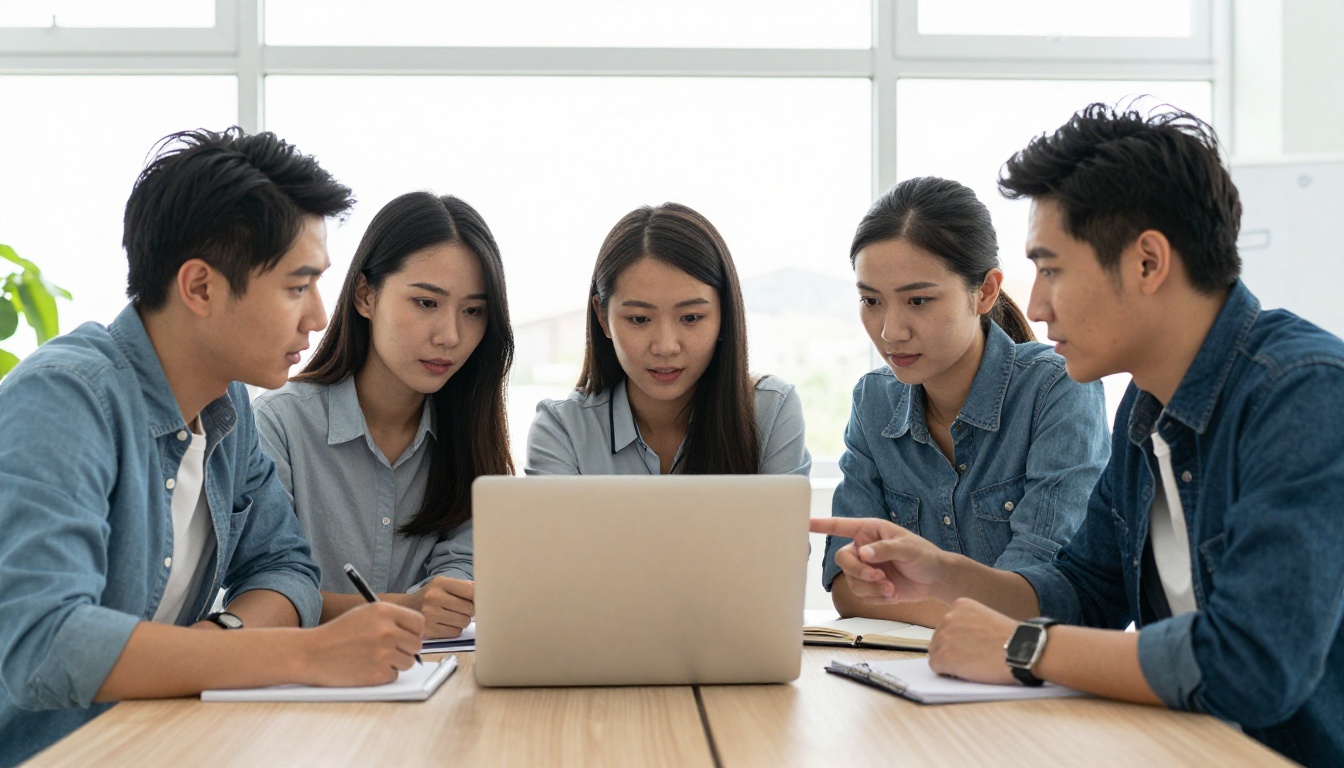 Three young professionals gathered around a laptop on a conference table, engaged in discussion