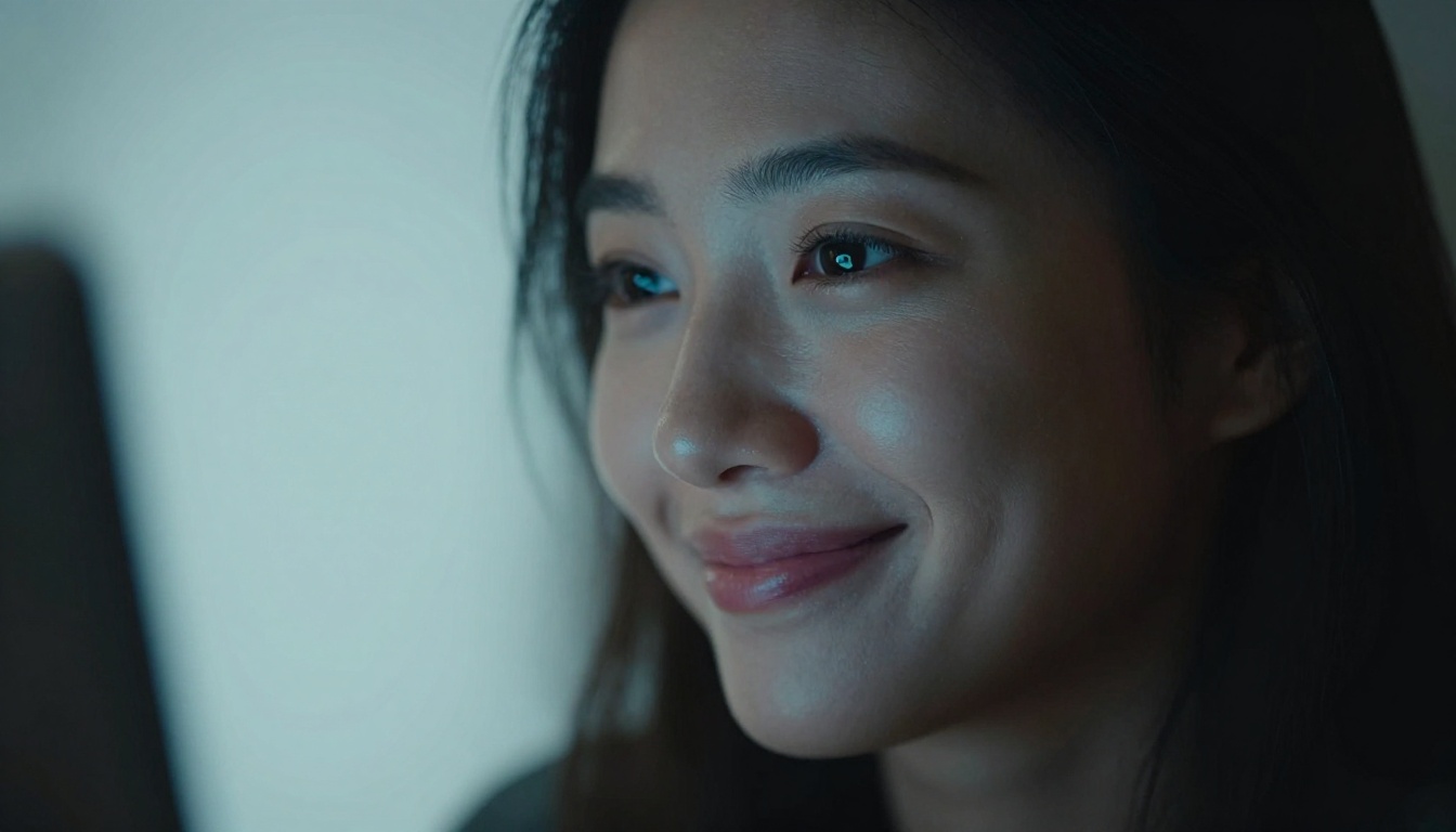 Woman with a soft smile, face illuminated by the blue-white glow of a laptop screen in a dark room