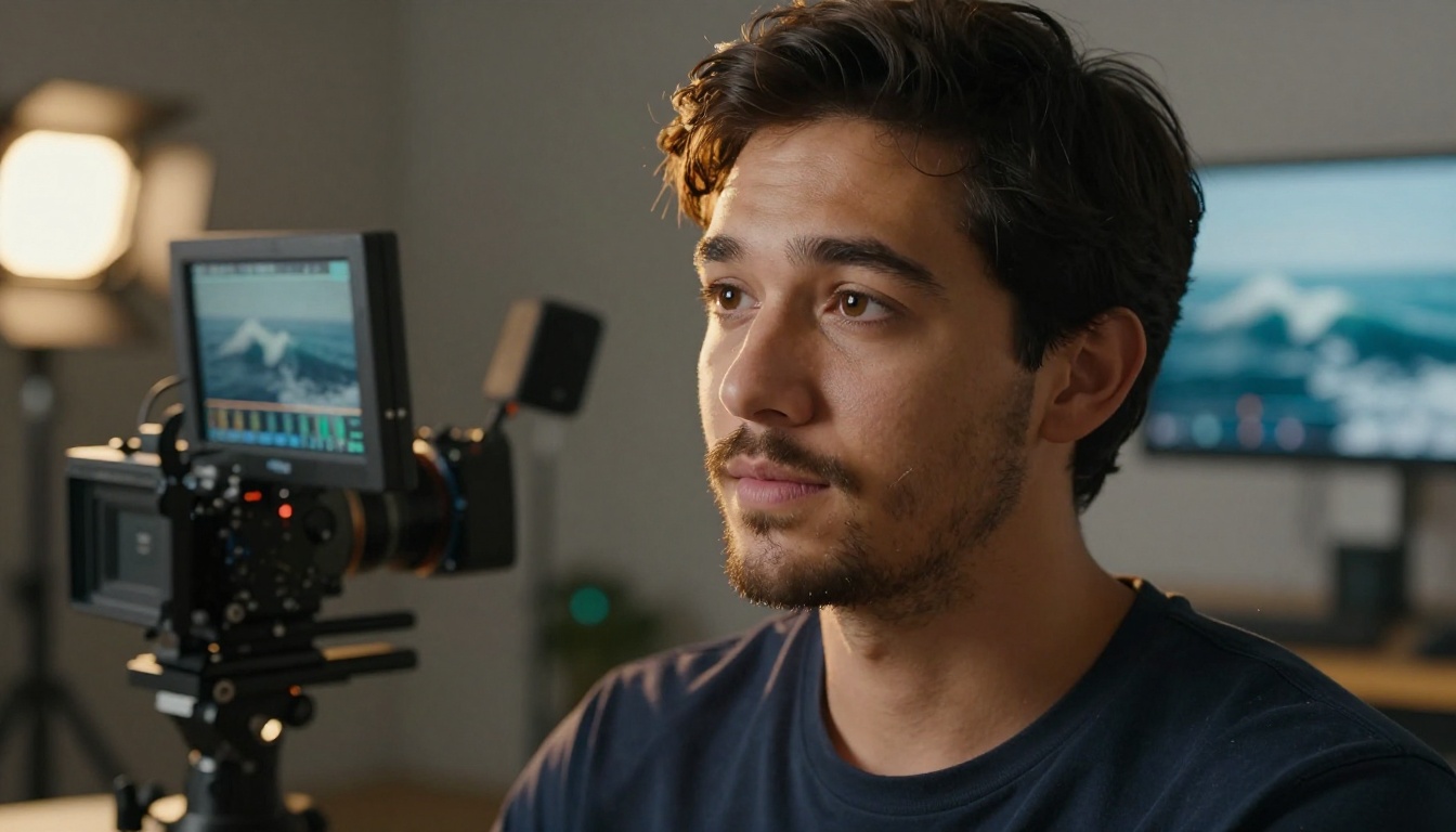 A focused professional reviewing AI-generated video on a studio monitor