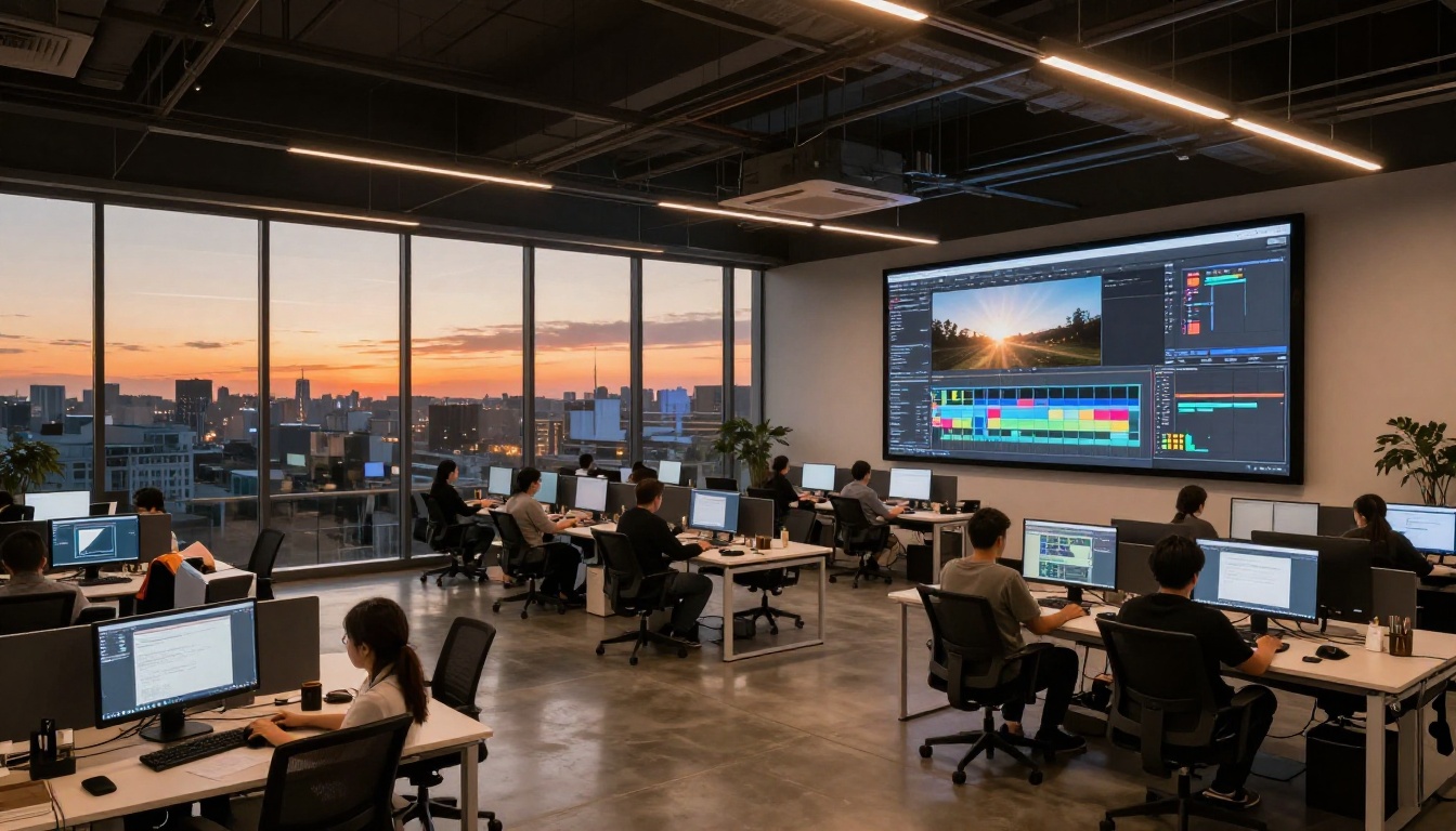 Aerial view of a creative agency at dusk with video editors at dual-monitor workstations