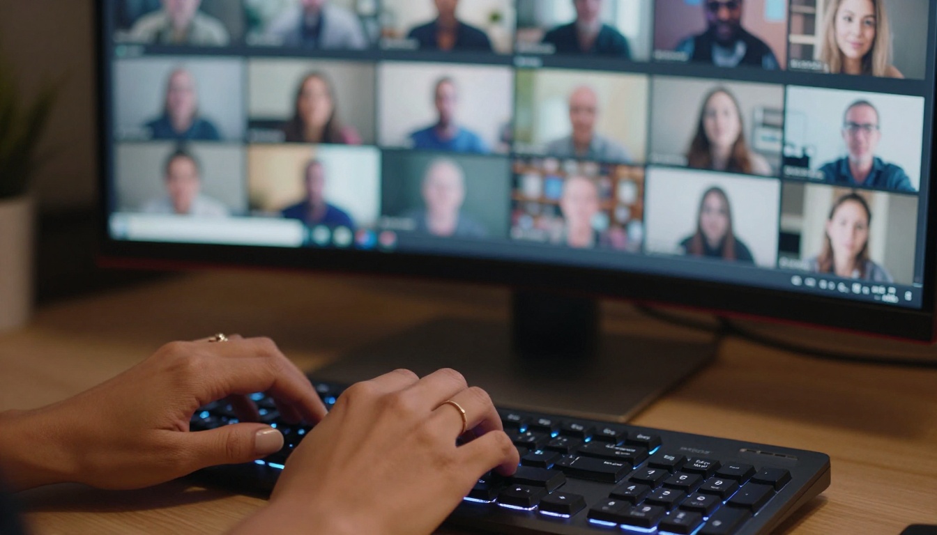 Close-up of hands on a keyboard with a video comparison interface on a blurred monitor behind