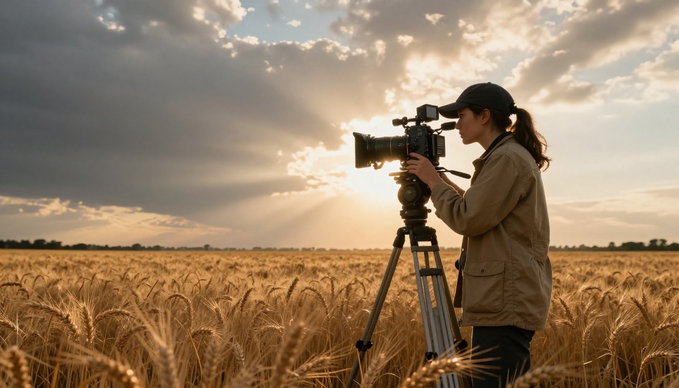 A cinematographer at golden hour in a wheat field with a professional cinema camera