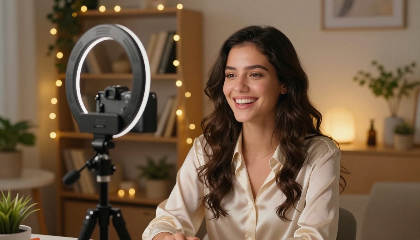 A stylish content creator laughing naturally at camera in a warmly lit home studio