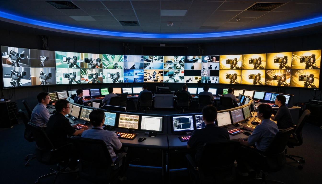 A professional broadcast control room at night with rows of monitors and technical directors