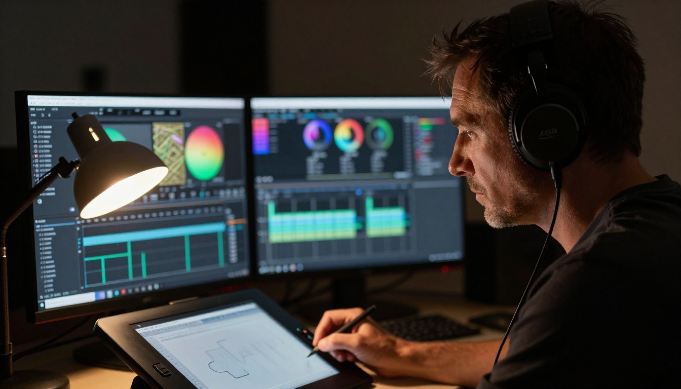 A focused male video editor in profile with headphones at a professional color grading station
