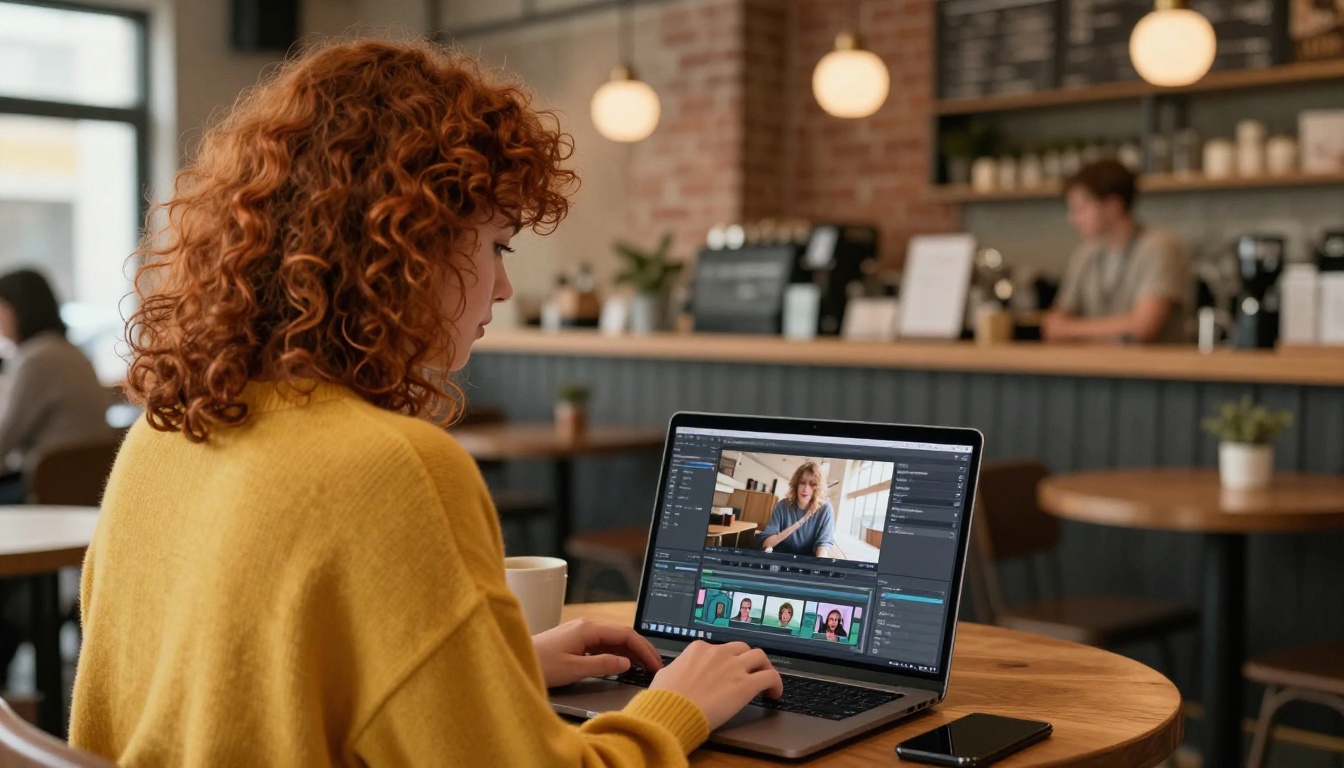 A young woman with curly hair working on video editing at a coffee shop on a laptop