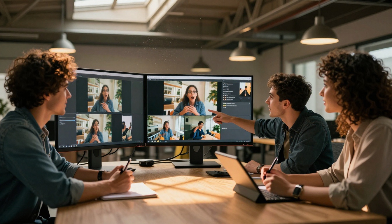 A diverse creative team reviewing video footage on a large monitor in a bright office with skylight