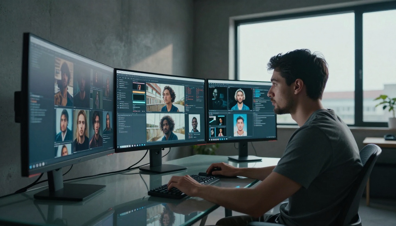 AI creative professional reviewing new model outputs at a studio workstation AI creative professional reviewing new model outputs at a studio workstation