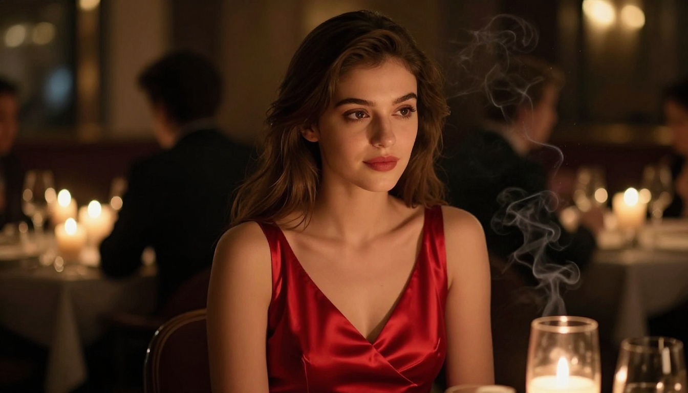 Young woman in a red satin dress at a candlelit restaurant, intimate photorealistic portrait with warm bokeh