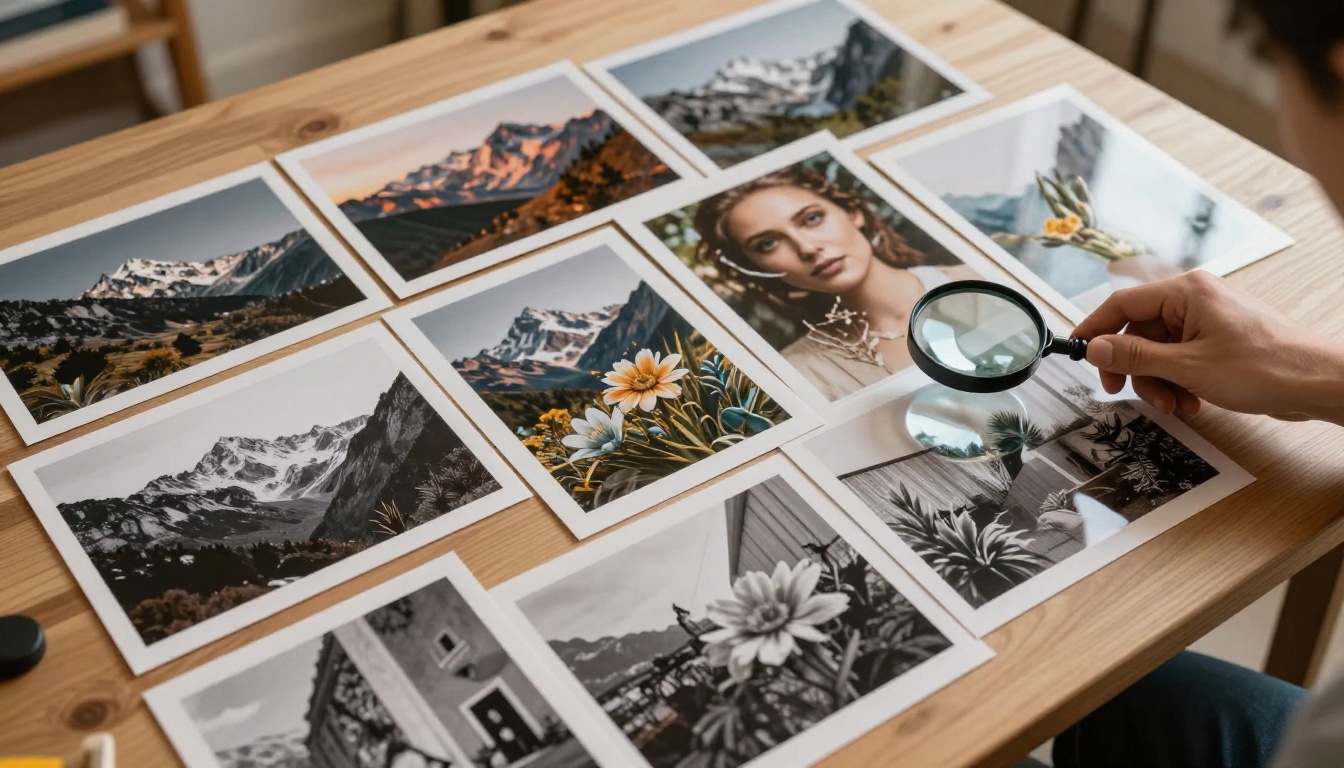 Flat lay of printed AI-generated photographs carefully arranged on a studio table Flat lay of printed AI-generated photographs carefully arranged on a studio table