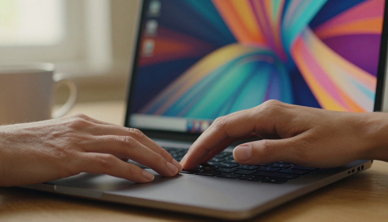Close-up of elegant hands on a laptop keyboard with colorful AI artwork glowing on screen in background Close-up of elegant hands on a laptop keyboard with colorful AI artwork glowing on screen in background