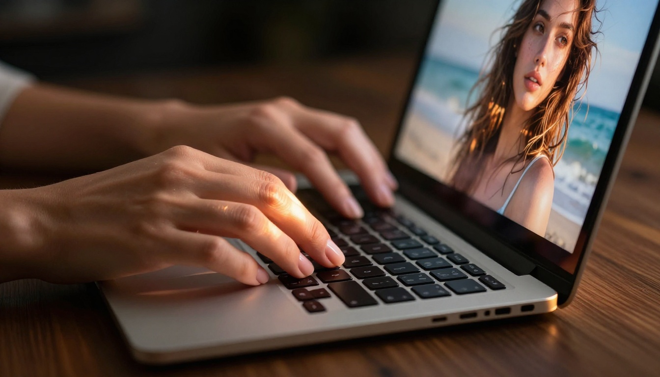 Close-up of hands typing on a laptop showing a high-resolution AI-generated portrait on screen Close-up of hands typing on a laptop showing a high-resolution AI-generated portrait on screen