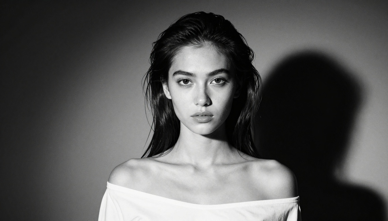 High-fashion black and white portrait with dramatic chiaroscuro studio lighting High-fashion black and white portrait with dramatic chiaroscuro studio lighting