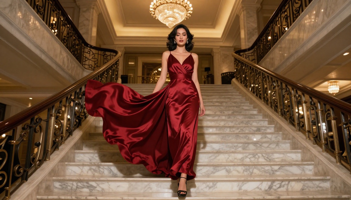 Elegant woman in red silk evening gown on a grand marble staircase with crystal chandelier lighting Elegant woman in red silk evening gown on a grand marble staircase with crystal chandelier lighting