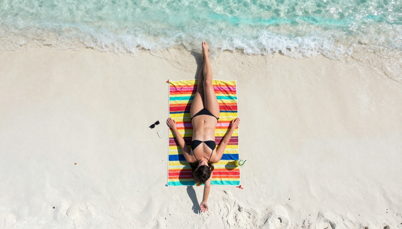 Aerial overhead view of a woman sunbathing on white sand beach in a black bikini, tropical travel photography Aerial overhead view of a woman sunbathing on white sand beach in a black bikini, tropical travel photography