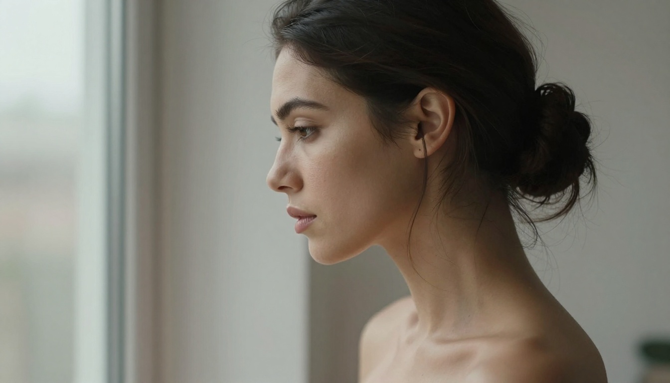 Side profile portrait near window, bare shoulders, soft overcast daylight