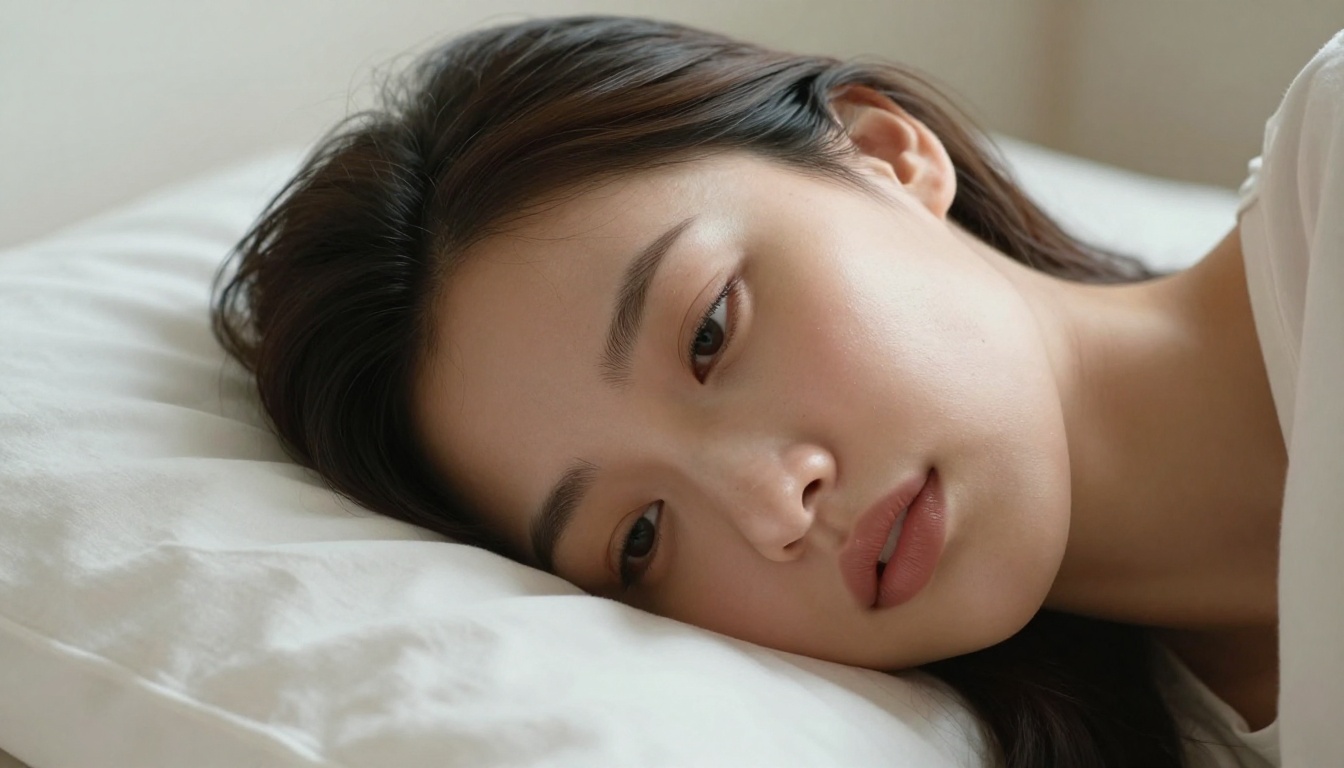 Ultra close-up of a woman's face resting on a white pillow, Rembrandt side lighting portrait with 8K skin detail Ultra close-up of a woman's face resting on a white pillow, Rembrandt side lighting portrait with 8K skin detail