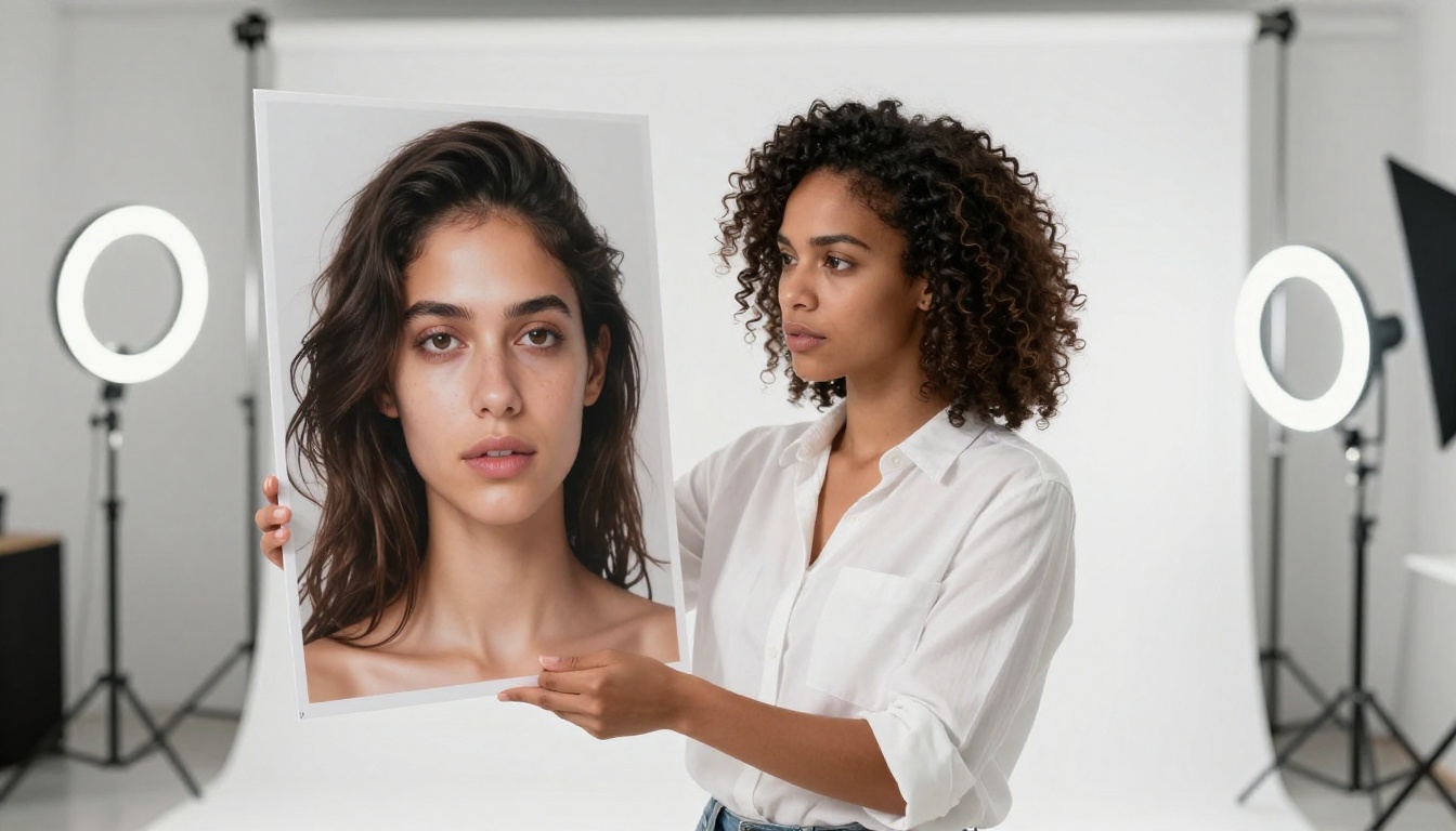 Professional female photographer studying a large AI-generated portrait print in a bright studio Professional female photographer studying a large AI-generated portrait print in a bright studio