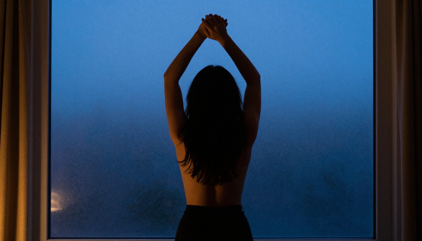 Artistic silhouette of woman backlit against frosted glass window at dusk