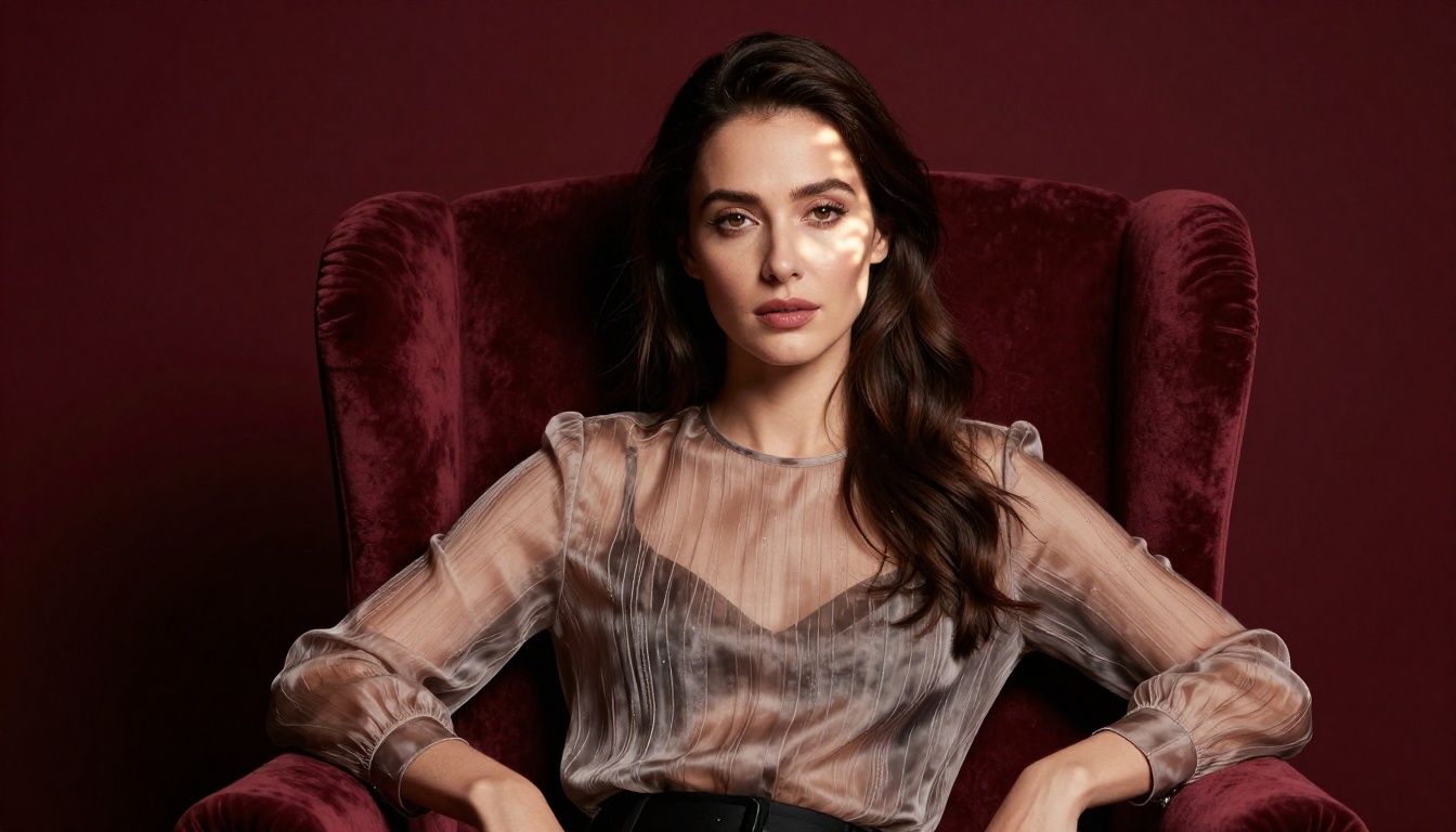 Glamour portrait of a woman in a velvet chair with dramatic Rembrandt studio lighting