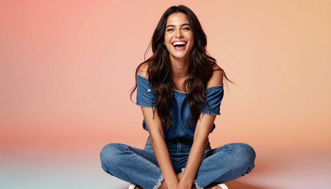 Woman sitting cross-legged on a studio floor laughing genuinely, warm editorial lifestyle photography Woman sitting cross-legged on a studio floor laughing genuinely, warm editorial lifestyle photography
