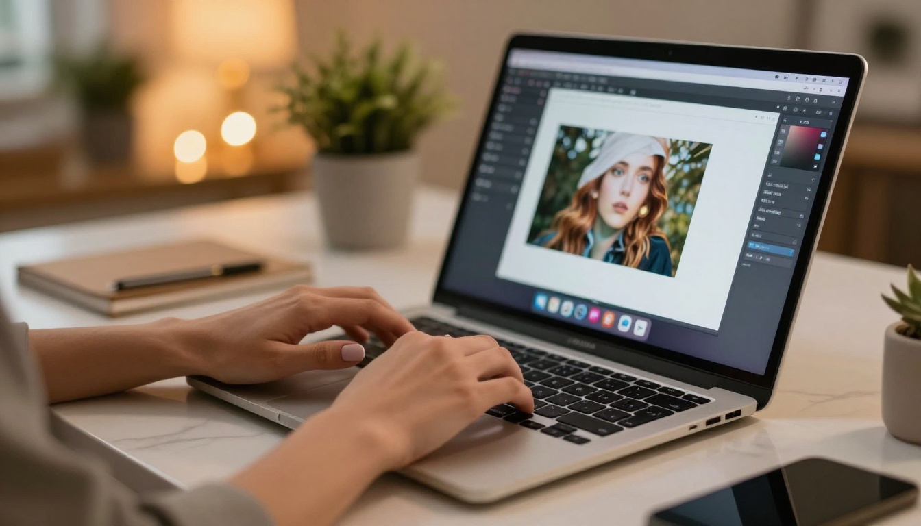 Close-up of hands typing on laptop, AI image generation interface on screen
