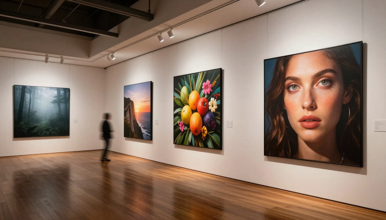 Wide shot of a modern photo gallery displaying large-format AI-generated prints on white walls Wide shot of a modern photo gallery displaying large-format AI-generated prints on white walls