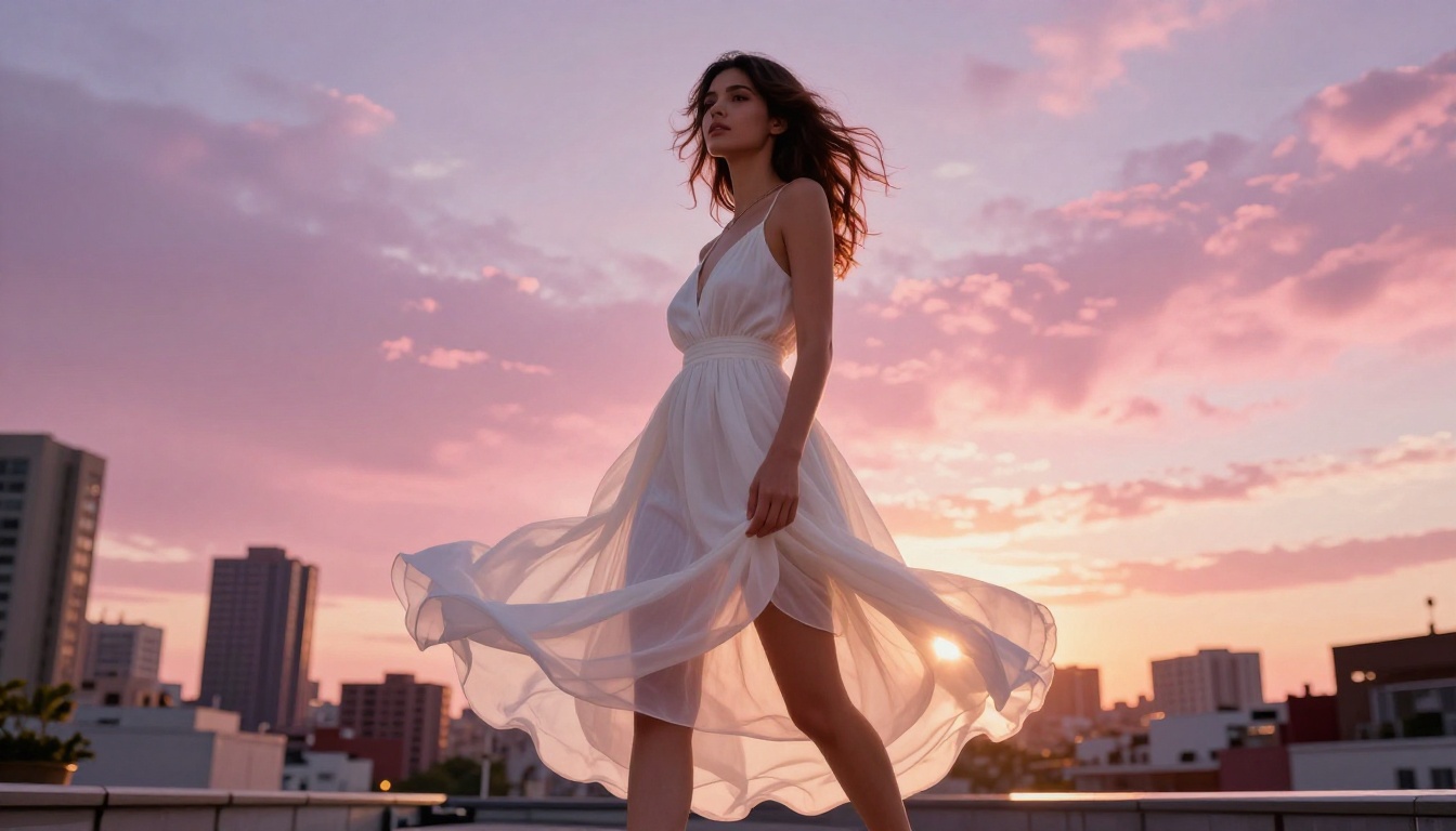 Woman in white summer dress on a city rooftop terrace at purple and pink magic hour sunset