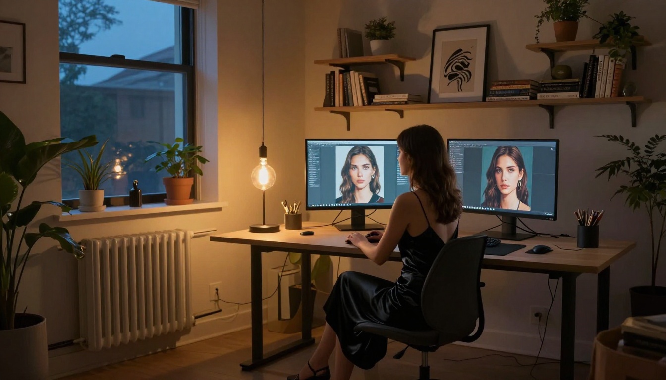 Woman at desk with dual monitors showing AI artwork, cinematic evening atmosphere