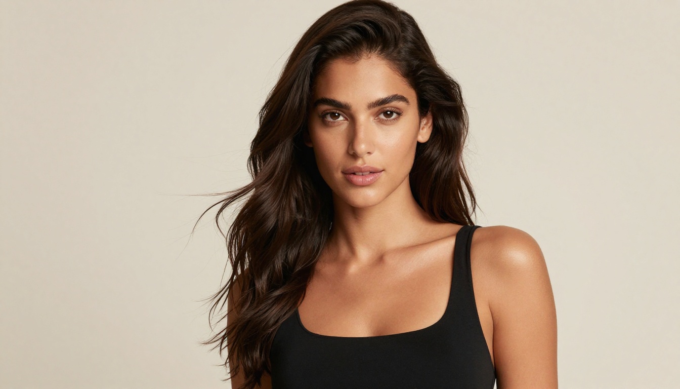 Elegant young woman in a black top against a clean white background, professional beauty photography