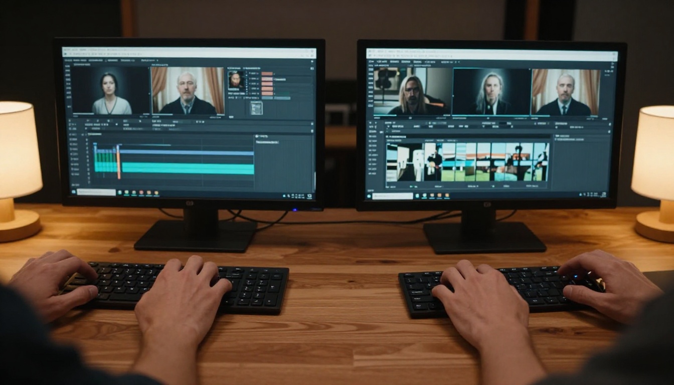 Video editor's hands on dual workstations comparing AI video outputs Video editor's hands on dual workstations comparing AI video outputs