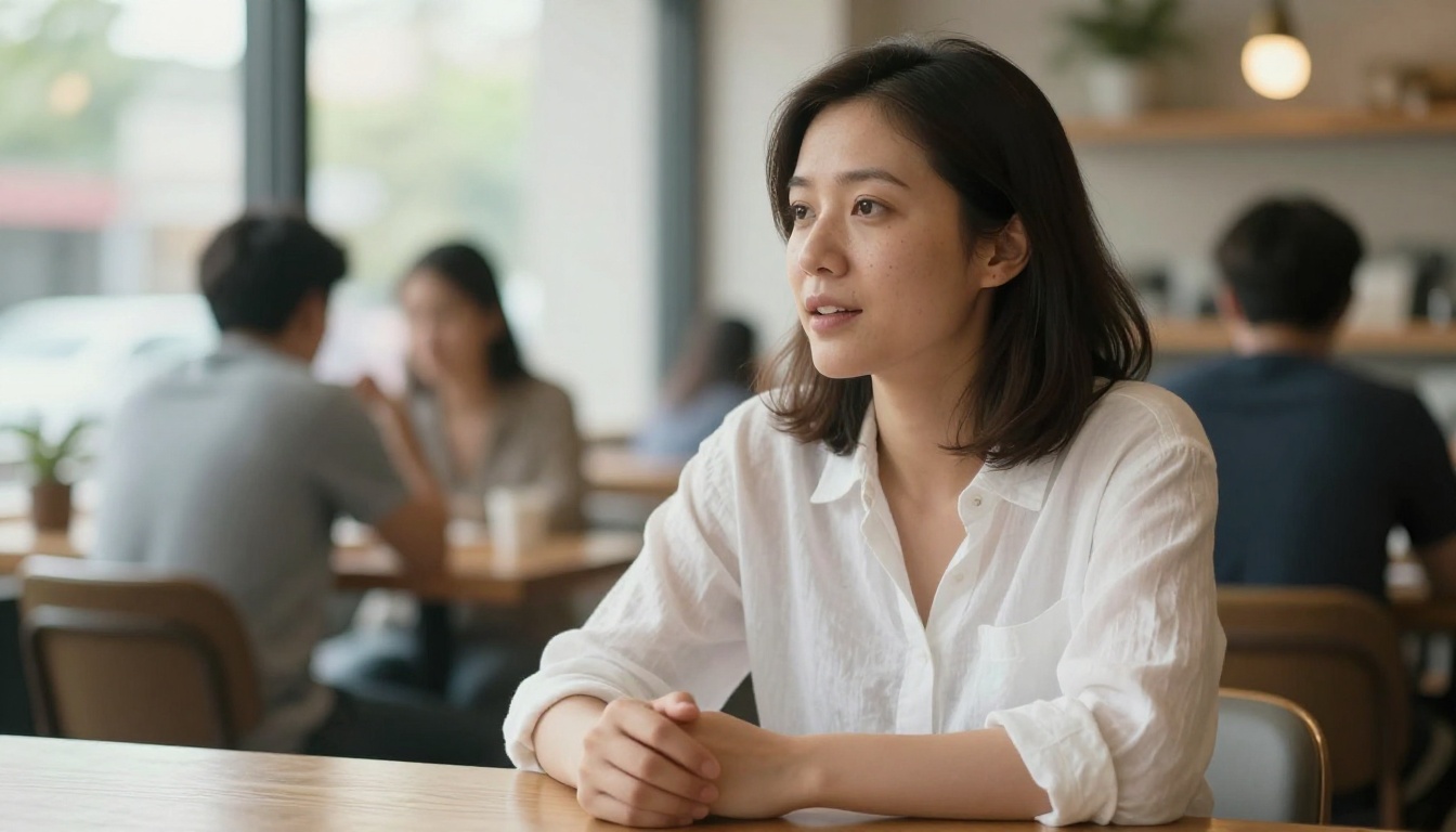 Woman at café illustrating AI-generated human interaction accuracy Woman at café illustrating AI-generated human interaction accuracy
