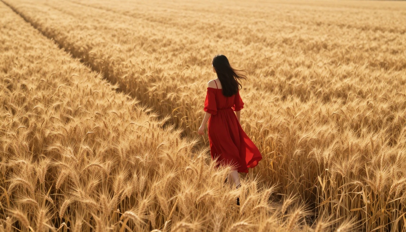 Aerial view of woman in red dress in wheat field showing camera motion capability Aerial view of woman in red dress in wheat field showing camera motion capability
