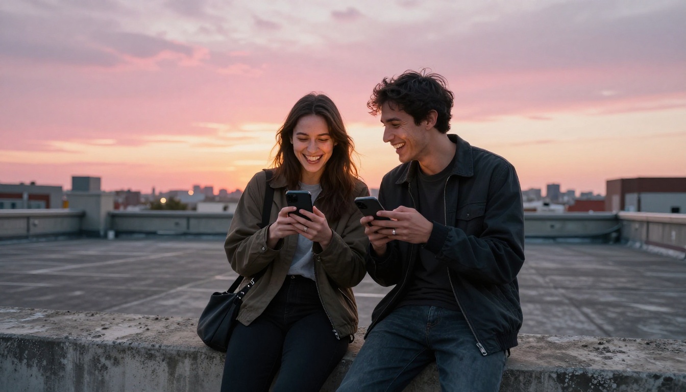Two creators filming short-form content on urban rooftop at sunset