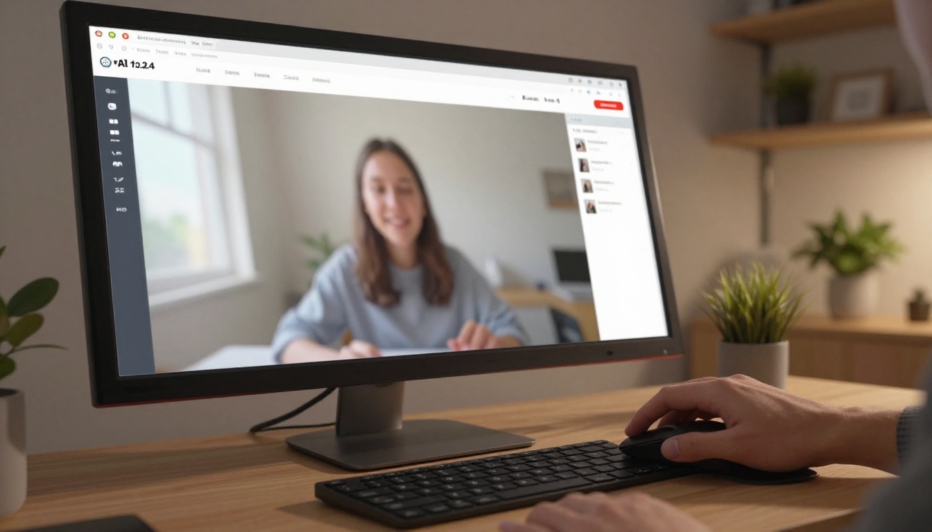 Person navigating AI video platform interface on widescreen monitor