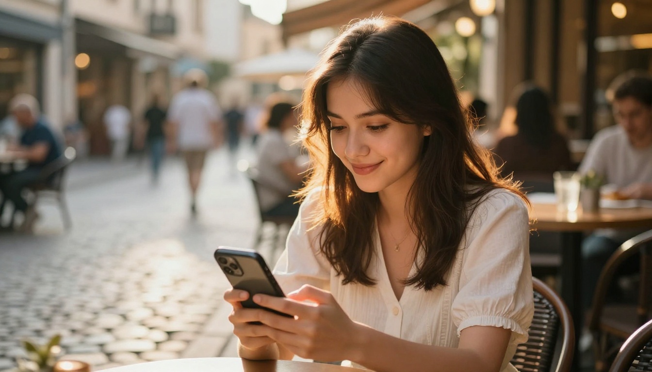 Young woman at outdoor café experimenting with AI video creation on her phone