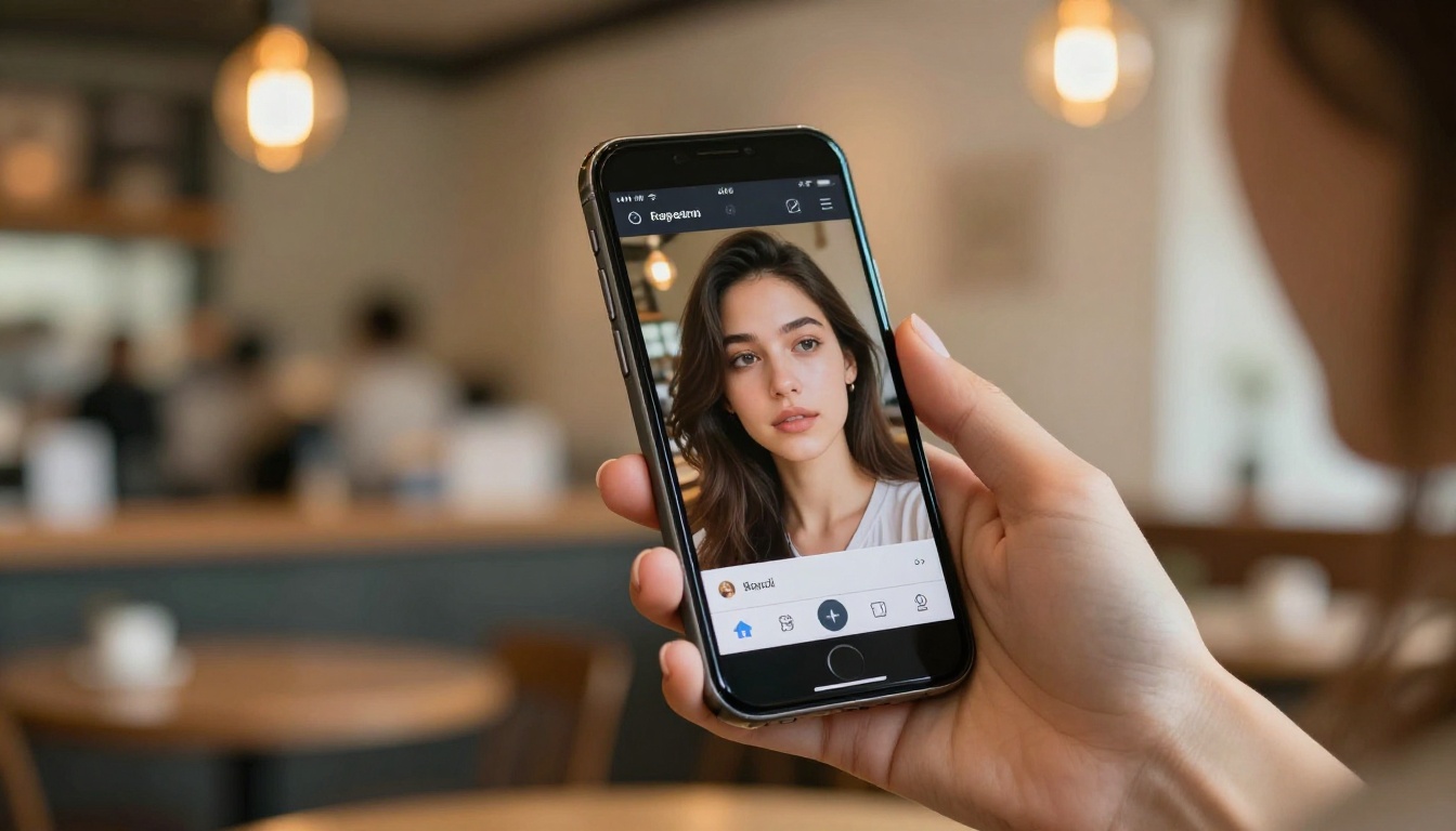 A smartphone held in a woman's hand showing an AI image generation interface, warm café background in bokeh A smartphone held in a woman's hand showing an AI image generation interface, warm café background in bokeh