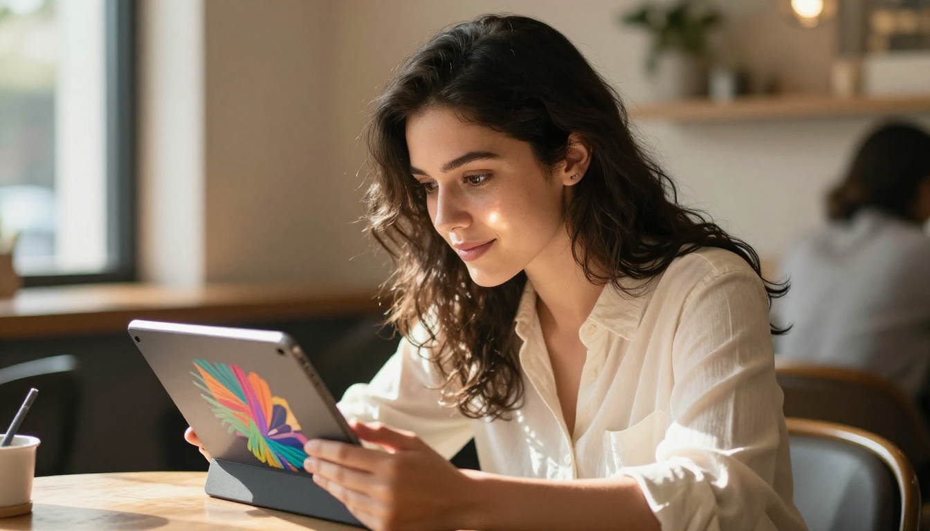 Young woman at cafe table reviewing AI-generated artwork on a tablet